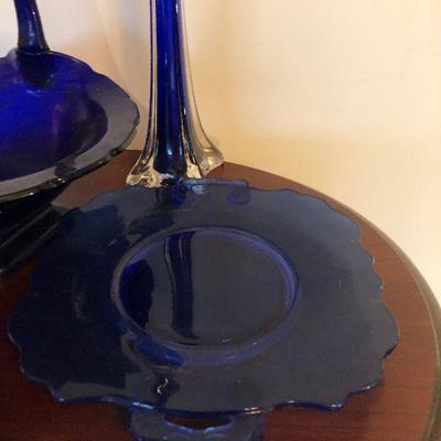 #17 Blue Glass Lot - Basket, Plate and Vase