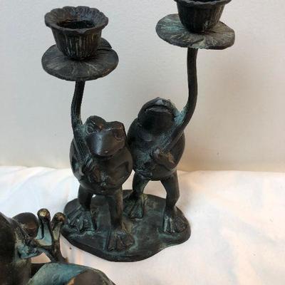 Lot #112 Bronze Frog vases and candle stick 4 frogs 2 items