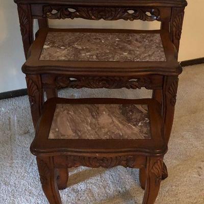 Mahogany Hand Carved Marble Top Nesting Tables