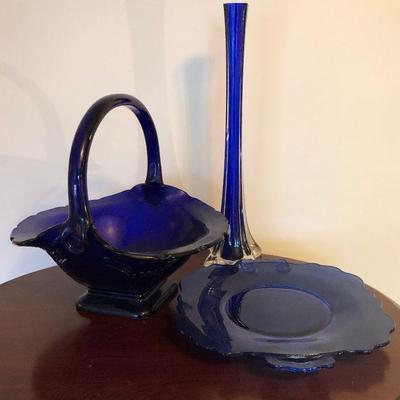 #17 Blue Glass Lot - Basket, Plate and Vase