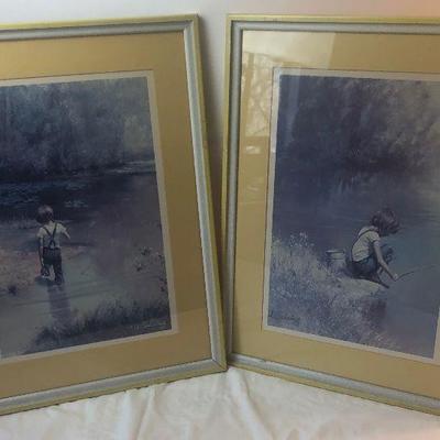 Lot #158 Pair of art prints - boy with fishing pole 
