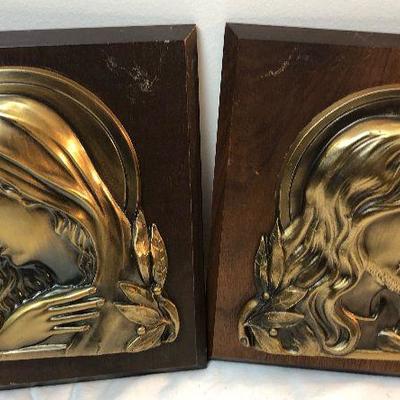 Lot #106 Jesus and Mary Bronze bust on Wood Plaque