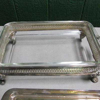  Silver Plate Rectangular Footed Serving Tray With Lid & Pryex Dish