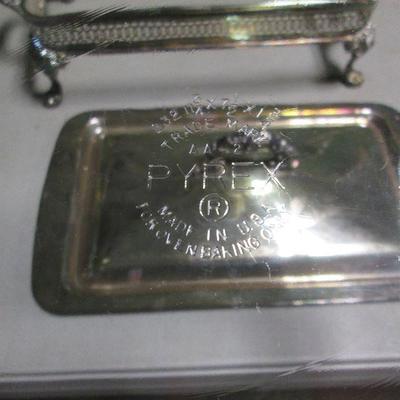  Silver Plate Rectangular Footed Serving Tray With Lid & Pryex Dish