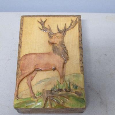 Wooden Box With Carved Buck Scene