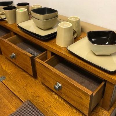 Oak Buffet w/ bonded leather counter stools & dinnerware