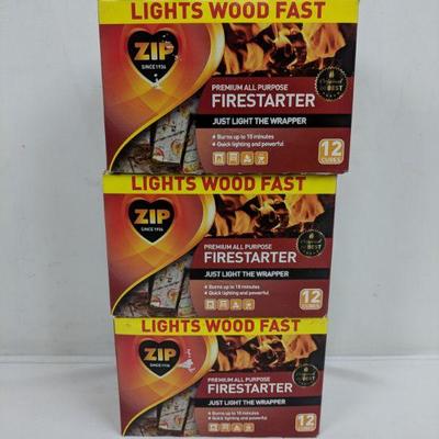 Zip Firestarter 12 Cubes, 3 Pack - New
