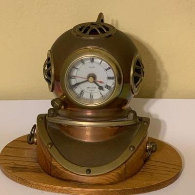 Vintage Quartz Copper Brass Diving Helmet Clock on Oak Base
