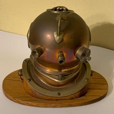 Vintage Quartz Copper Brass Diving Helmet Clock on Oak Base