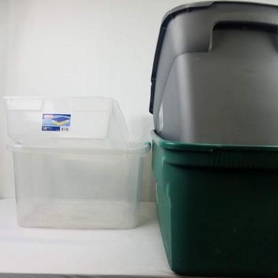 4 Misc. Bins without lids: 2 clear, grey, green
