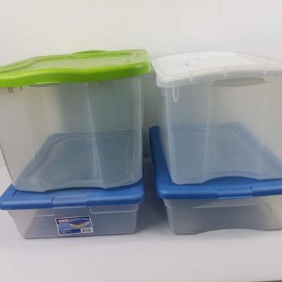 4 Storage Bins with Lids, Clear with Blue/Green/White Lids
