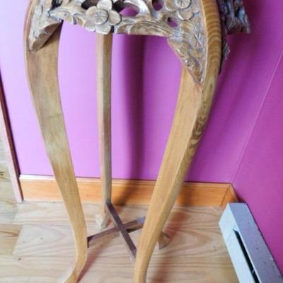 Asian Influenced Hand Carved Plant Stand with Stone Insert 12