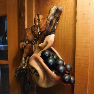Large Wall Art Wood, Leather and Glass Grape Vine & Fruit 19