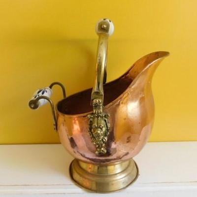 Large Copper and Brass Bucket with Porcelain Handles