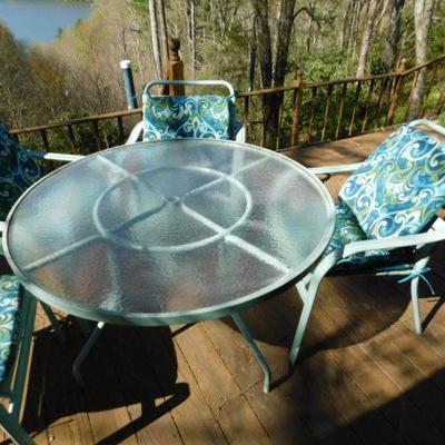 Outdoor Patio Set with Four Chairs, Cushions, and Glass Top Table