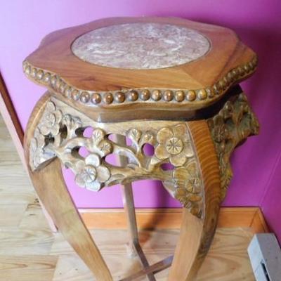 Asian Influenced Hand Carved Plant Stand with Stone Insert 12