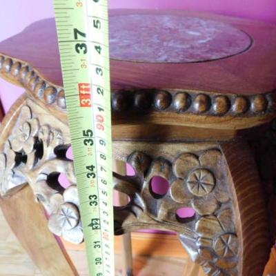 Asian Influenced Hand Carved Plant Stand with Stone Insert 12