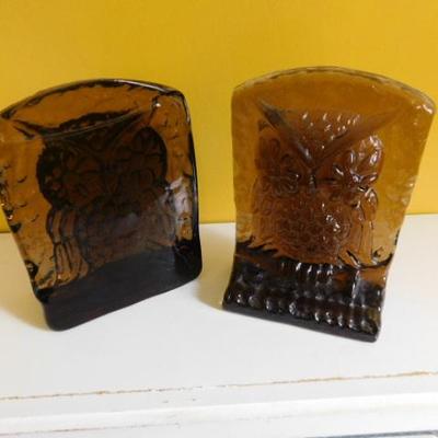 Vintage Amber Glass Owl Bookends 7