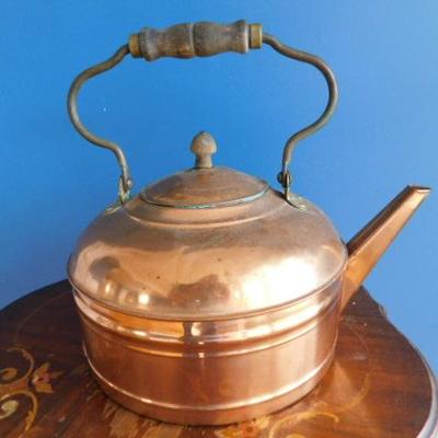 Vintage Large Copper Tea Kettle with Wood Handle 13