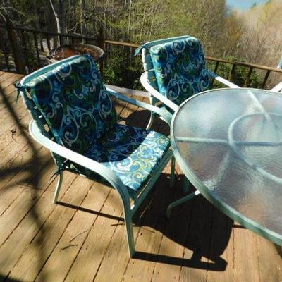 Outdoor Patio Set with Four Chairs, Cushions, and Glass Top Table