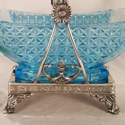 Victorian Aqua Blue Glass Bowl in Silver Plated Carrier