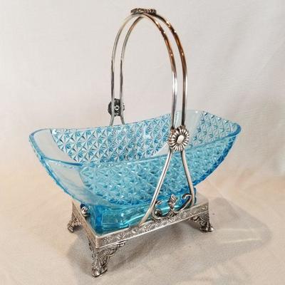 Victorian Aqua Blue Glass Bowl in Silver Plated Carrier