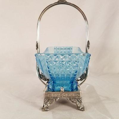Victorian Aqua Blue Glass Bowl in Silver Plated Carrier