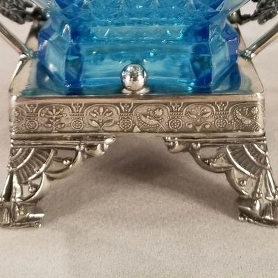 Victorian Aqua Blue Glass Bowl in Silver Plated Carrier