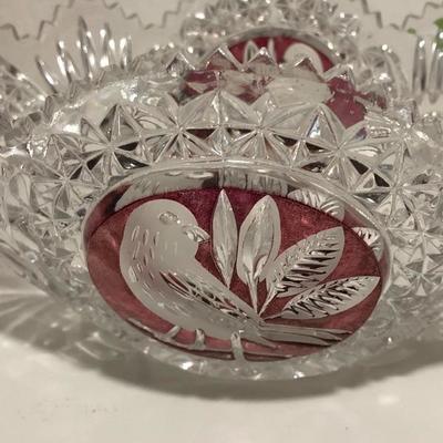 242:  Haufbauer Ruby Red Bird Bowl, Egermann Crystal Deer Bowl and Ruby Cut Vase