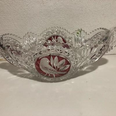 242:  Haufbauer Ruby Red Bird Bowl, Egermann Crystal Deer Bowl and Ruby Cut Vase