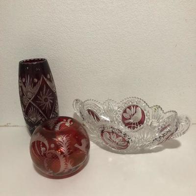 242:  Haufbauer Ruby Red Bird Bowl, Egermann Crystal Deer Bowl and Ruby Cut Vase