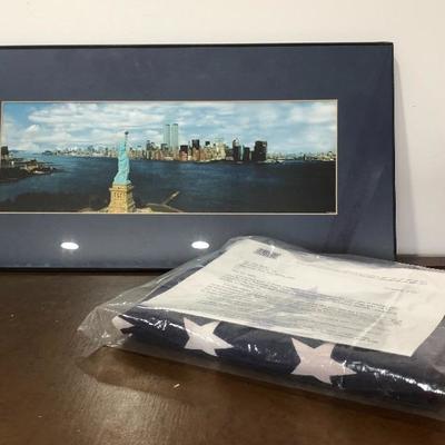 042:  World Trade Center Framed Photo and American Flag 