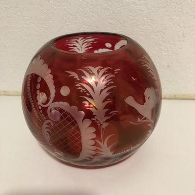 242:  Haufbauer Ruby Red Bird Bowl, Egermann Crystal Deer Bowl and Ruby Cut Vase