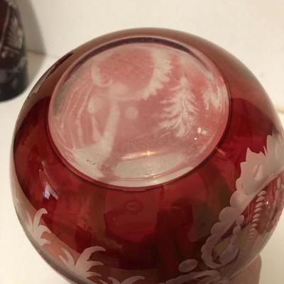 242:  Haufbauer Ruby Red Bird Bowl, Egermann Crystal Deer Bowl and Ruby Cut Vase