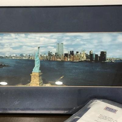 042:  World Trade Center Framed Photo and American Flag 