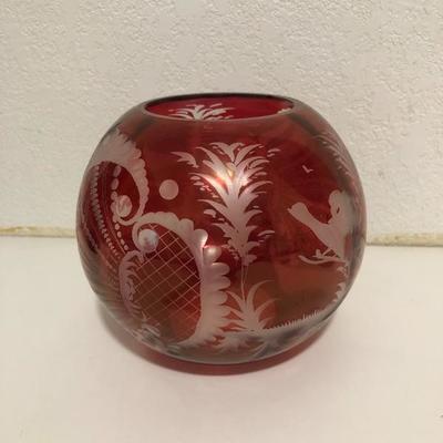 242:  Haufbauer Ruby Red Bird Bowl, Egermann Crystal Deer Bowl and Ruby Cut Vase