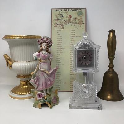 085:  Italian  Vase, Porcelain Figurine, Brass Bell, Crystal Legends Clock