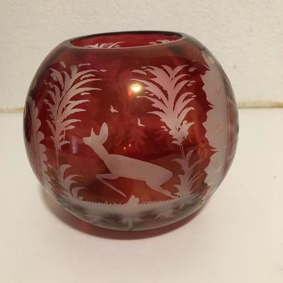 242:  Haufbauer Ruby Red Bird Bowl, Egermann Crystal Deer Bowl and Ruby Cut Vase