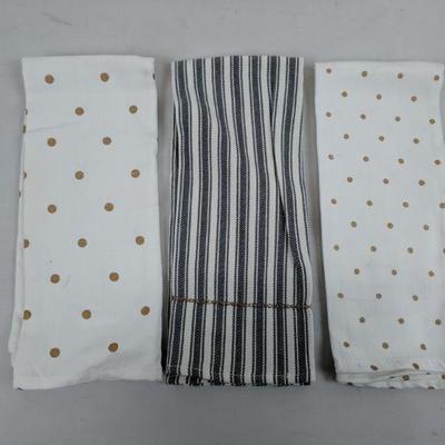 Hand Towel Set of 3, Navy Stripe, Gold Polka Dot - New