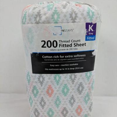 Mainstays 200 Thread Ct Fitted Sheet, King, Aztech - New