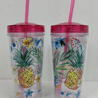 Set of 2 Pink Pineapple Water Bottles- New