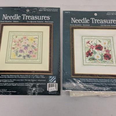 2 Cross-Stitch Kits Needle Treasures Florals W/ Fabric & Thread - New