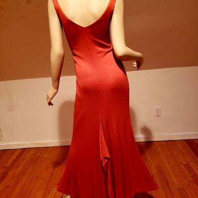 Embellished hot red bias cut maxi gown shirred grecian train