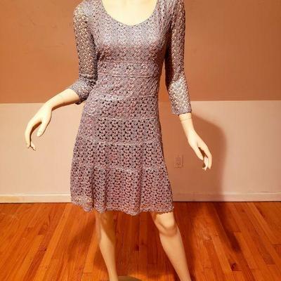 Vtg Anne Klein silver Metallic Macrame wiggle dress