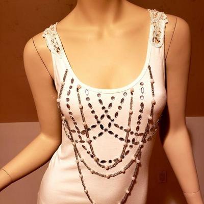 Vtg Bejewelled Cotton top Macrame & sequins.