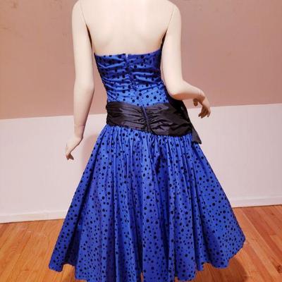 Vtg Blue Azul Asymetrical shantung Ball Gown velour polka dots