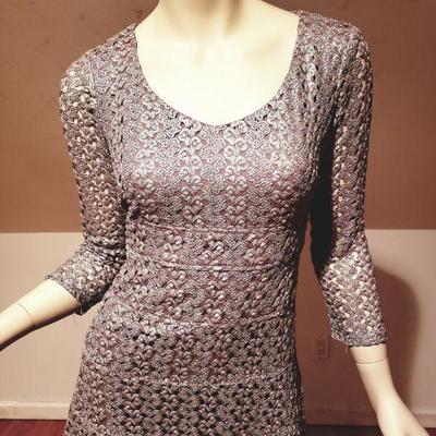 Vtg Anne Klein silver Metallic Macrame wiggle dress