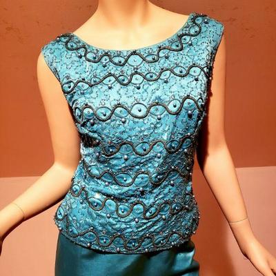 Couture Embellished silk shantung Aqua Cocktail Gown