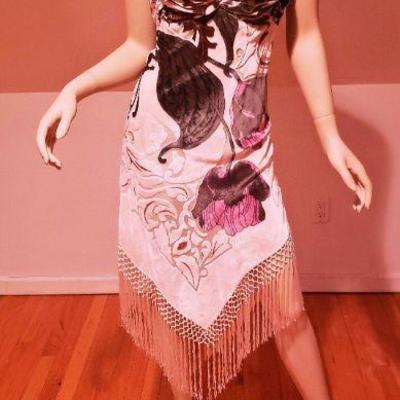 Vtg Hobo Chic New Orleans silk Designer burnout fringed high low dress