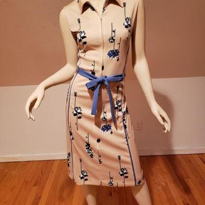 Vtg 1970's lady Carol wiggle jersey dress/belt blue rose